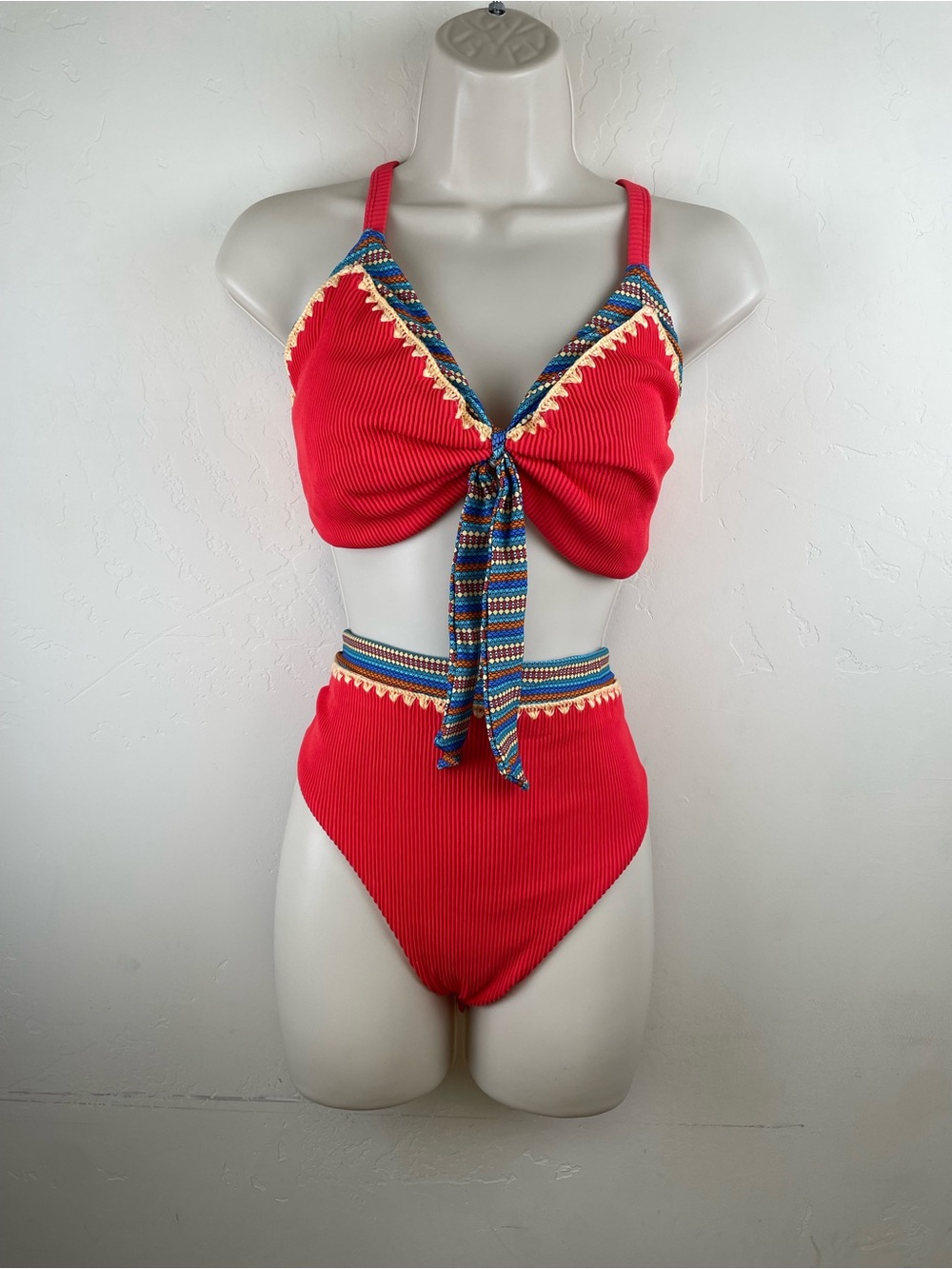 Swimsuits For All Red Bikini with Multicolor Trim plus sized